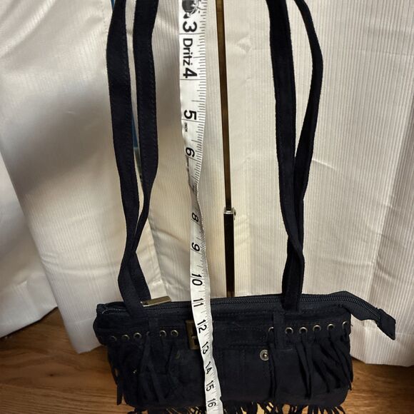 Black Fringe Boho Western Purse Shoulder Handbag 2 straps Faux Suede Belt - Picture 15 of 16